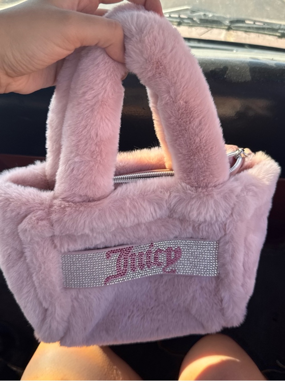 Juicy Couture Light Pink Plush Faux Fur Handbag with Rhinestone Logo